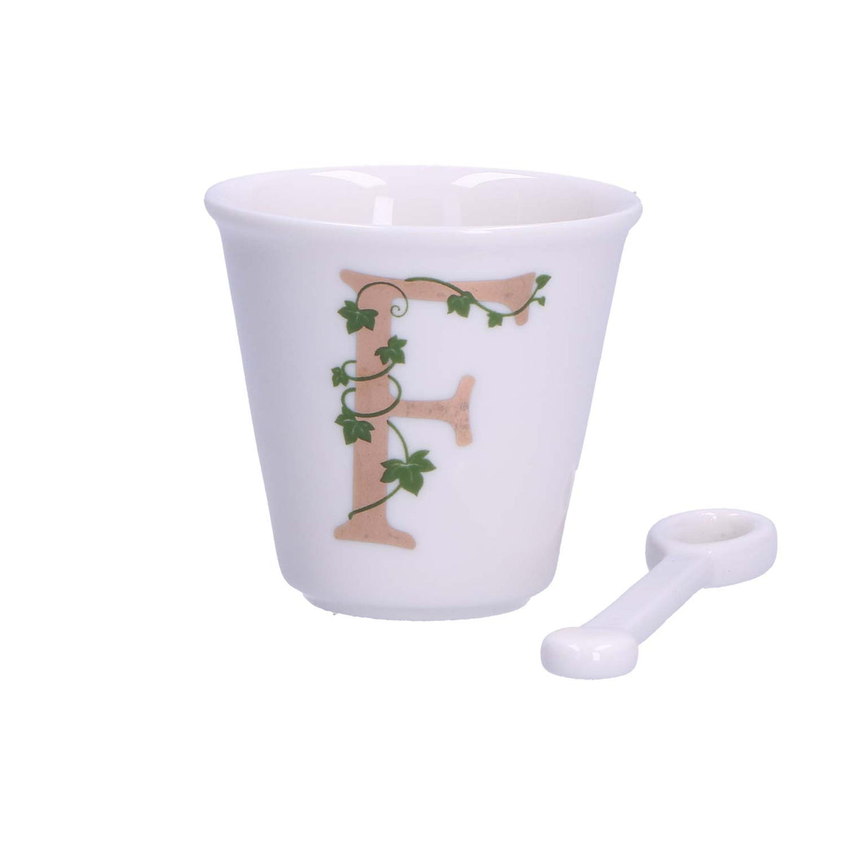 "Unico" Bicchierino in porcellana con iniziale decorata e cucchiaino. Capacità 75 cc Dimensioni: diametro cm 6,7- altezza cm 6 Lavare a mano 