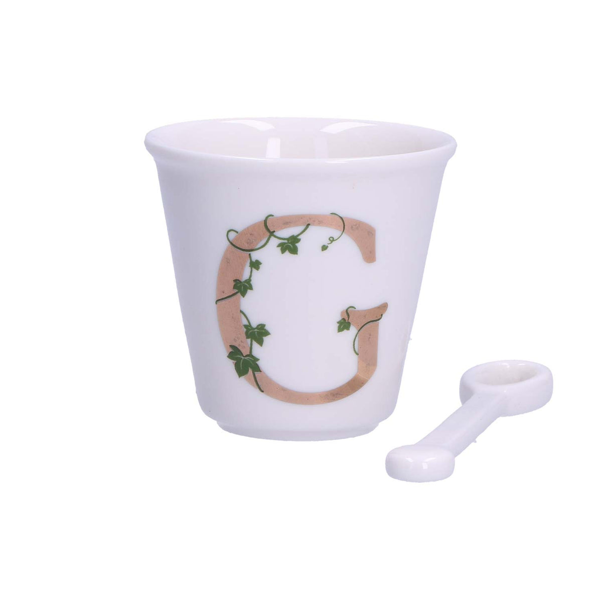 "Unico" Bicchierino in porcellana con iniziale decorata e cucchiaino. Capacità 75 cc Dimensioni: diametro cm 6,7- altezza cm 6 Lavare a mano 