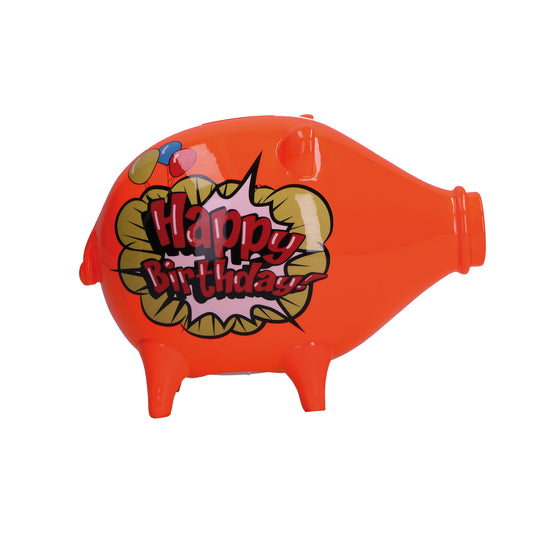 Salvadanaio, in resina decorata su entrambi i lati "Happy Birthday !" di colore arancione. Dimensioni: cm 17 X 9 X H 13. In negozio e online su tuttochic.live