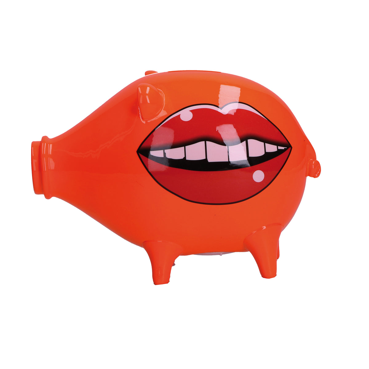 Salvadanaio, in resina decorata su entrambi i lati "Happy Birthday !" di colore arancione. Dimensioni: cm 17 X 9 X H 13. In negozio e online su tuttochic.live