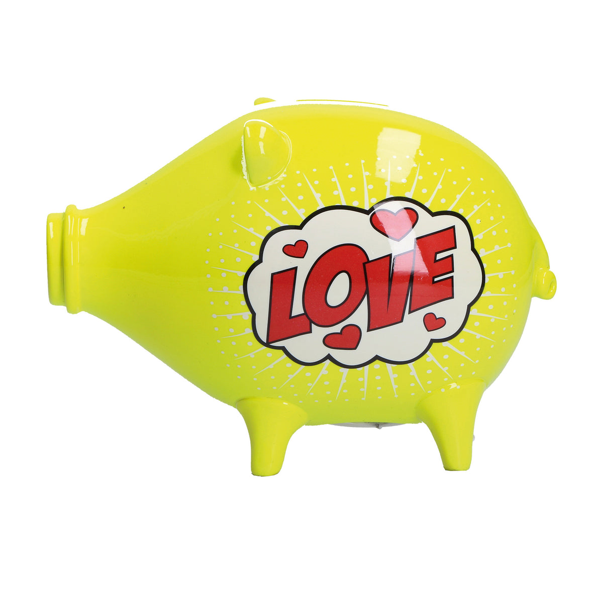 Salvadanaio, in resina decorata su entrambi i lati "Love" di colore giallo. Dimensioni: cm 17 X 9 X H 13. In negozio e online su tuttochic.live