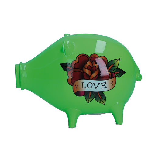 Salvadanaio, in resina decorata su entrambi i lati "Love" di colore verde. Dimensioni: cm 17 X 9 X H 13. In negozio e online su tuttochic.live