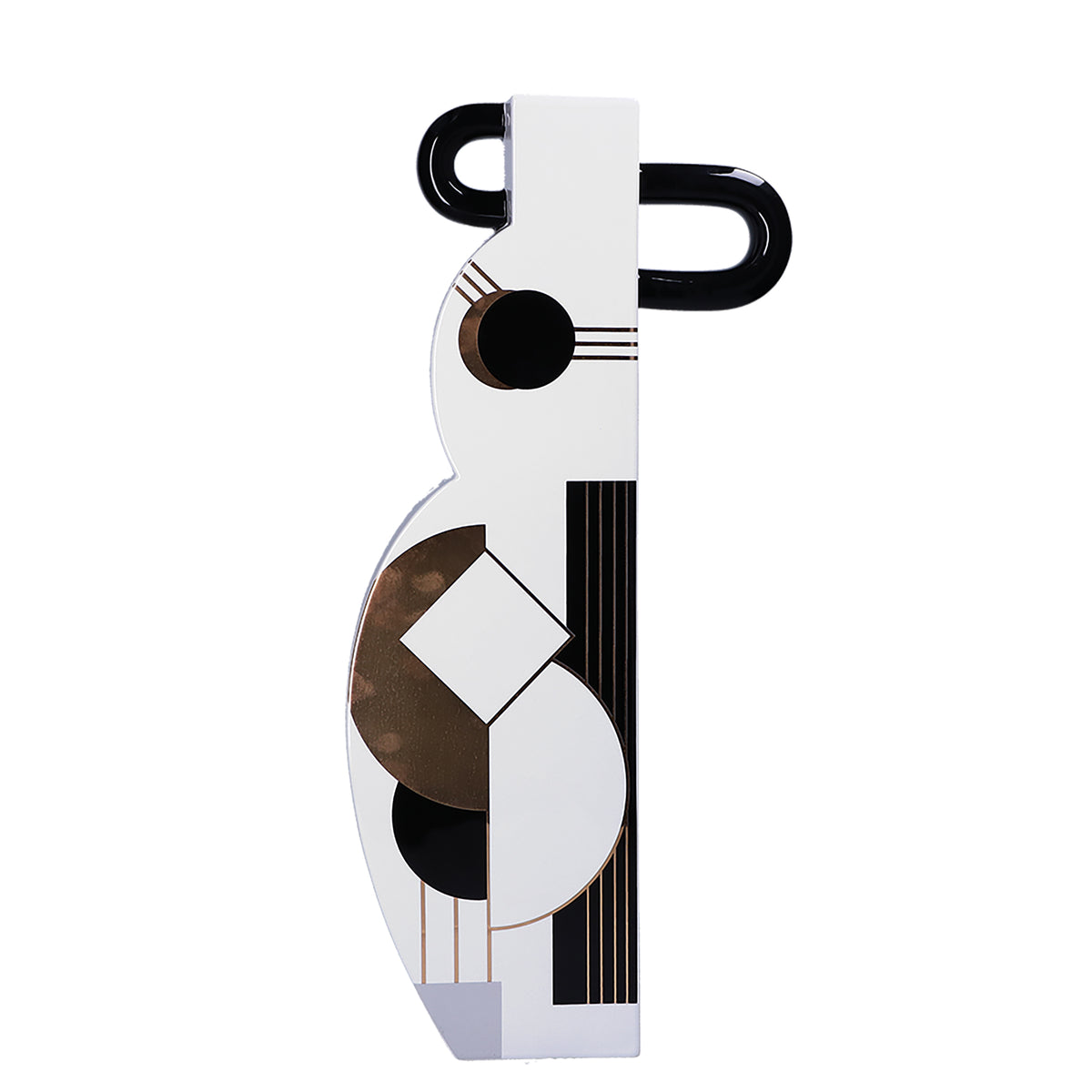 Vaso alto in ceramica lucida bianca con decorazioni geometriche stile Picasso e manico nero, collezione Drittonegliocchi di Rituali Domestici, altezza 55,5 cm.