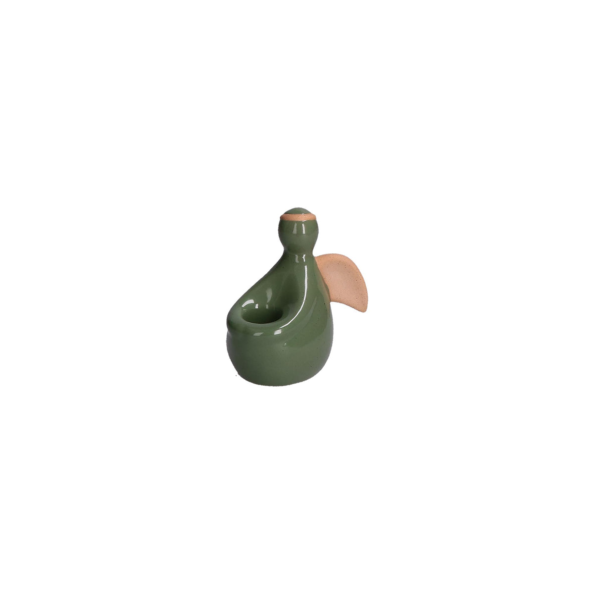 Portacandela a forma di angelo in ceramica di colore verde, bianco e beige. Dimensioni: cm 9,5 x 2,5 x h 8,6. In negozio e online su tuttochic.live