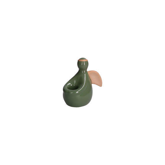 Portacandela a forma di angelo in ceramica di colore verde, bianco e beige. Dimensioni: cm 9,5 x 2,5 x h 8,6. In negozio e online su tuttochic.live