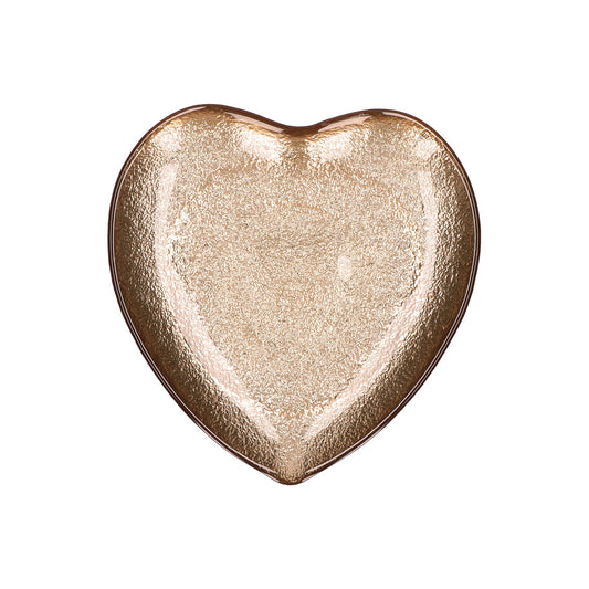 Piattino in vetro di colore oro a forma di cuore. Dimensioni: Ø 21,5 cm. Clicca qui per vedere tutta la collezione Neimieipensieri. In negozio e online su tuttochic.live
