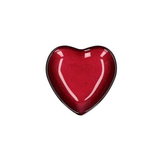 Piattino in vetro di colore rosso a forma di cuore. Dimensioni: Ø 14 cm. In negozio e online su tuttochic.live