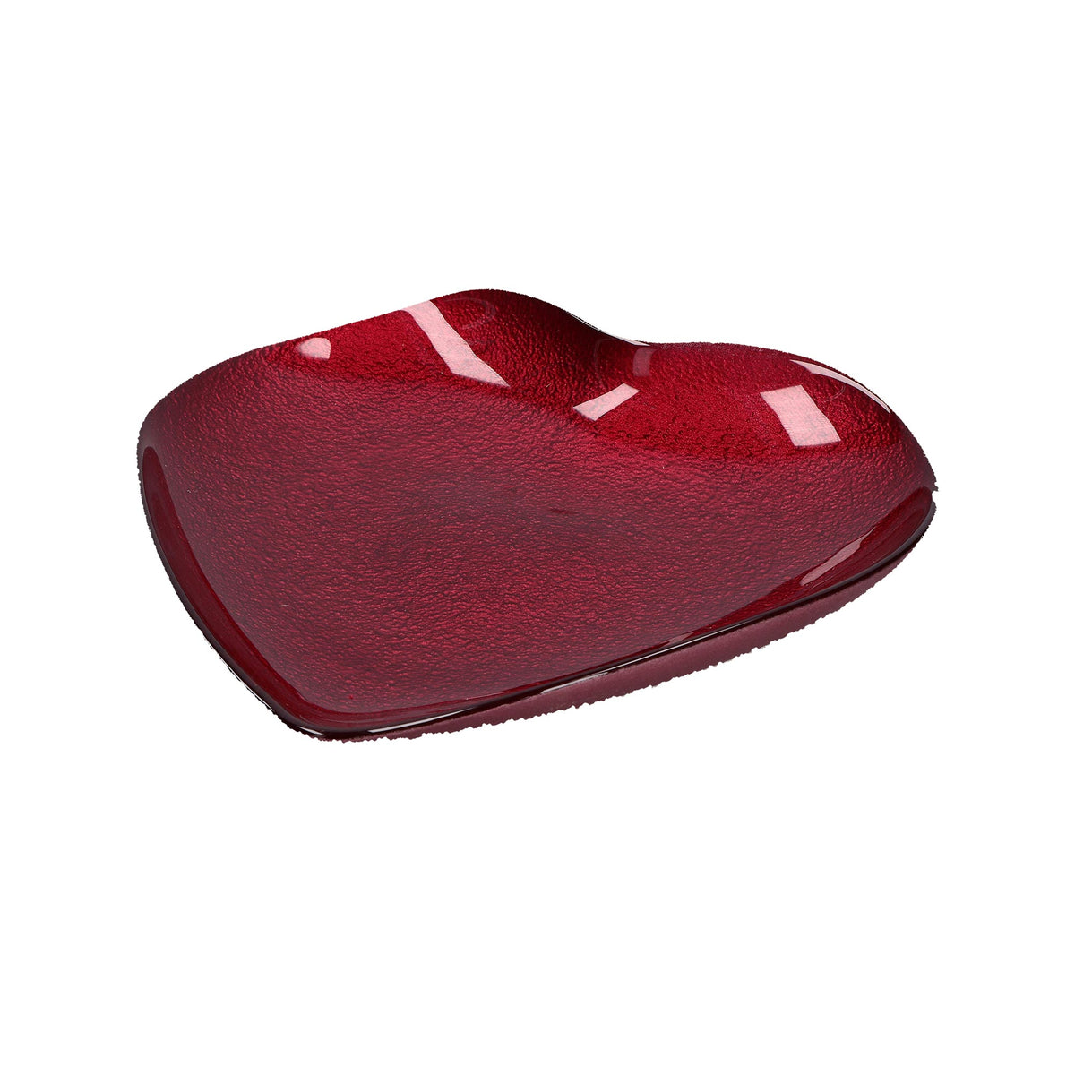 Piattino in vetro di colore rosso a forma di cuore. Dimensioni: Ø 21,5 cm. In negozio e online su tuttochic.live