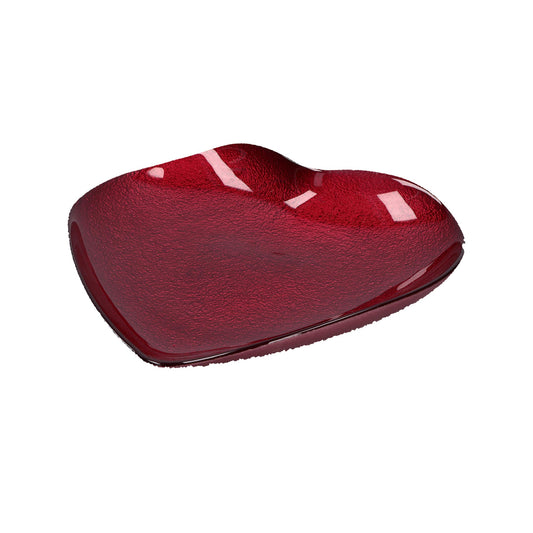 Piattino in vetro di colore rosso a forma di cuore. Dimensioni: Ø 21,5 cm. In negozio e online su tuttochic.live