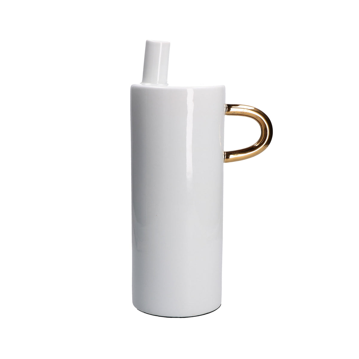 Vaso cilindrico alto in porcellana bianca con manico dorato e riga nera verticale, collezione Guardacheeblu di Rituali Domestici, altezza 35 cm.