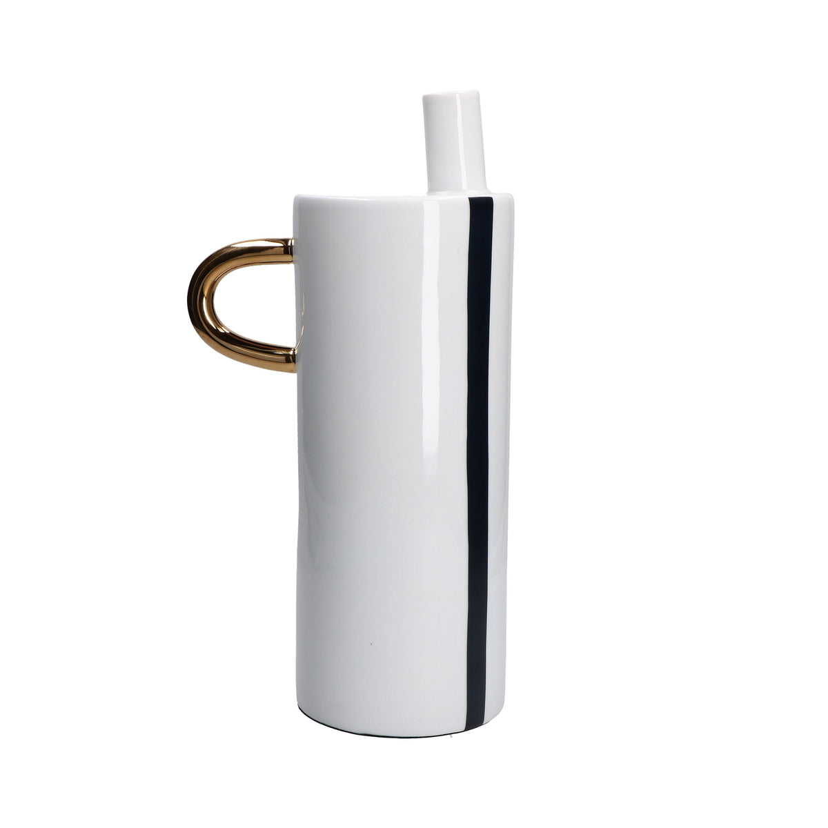 Vaso cilindrico alto in porcellana bianca con manico dorato e riga nera verticale, collezione Guardacheeblu di Rituali Domestici, altezza 35 cm.