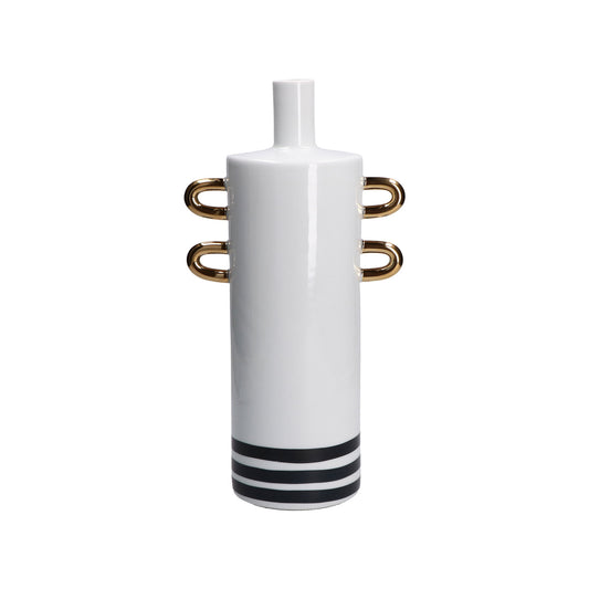 Vaso cilindrico alto in porcellana bianca con 4 manici dorati e righe orizzontali nere alla base, collezione Guardacheeblu di Rituali Domestici, altezza 33,5 cm.