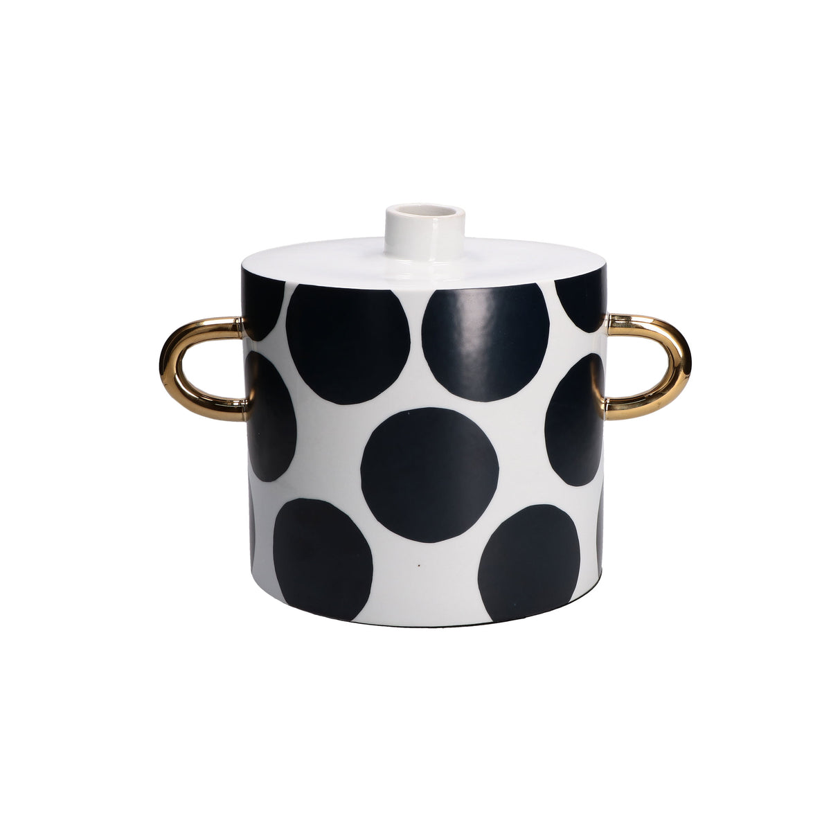Vaso cilindrico a maxi pois neri su fondo bianco con due manici dorati, collezione Guardacheeblu di Rituali Domestici, altezza 22 cm.