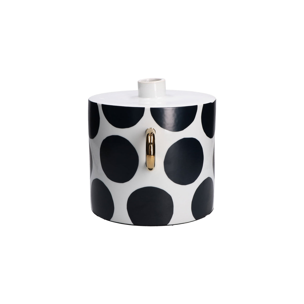 Vaso cilindrico a maxi pois neri su fondo bianco con due manici dorati, collezione Guardacheeblu di Rituali Domestici, altezza 22 cm.