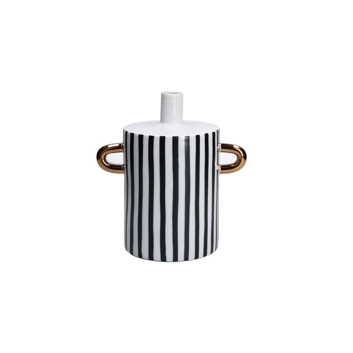 Vaso cilindrico in porcellana a righe verticali bianche e nere con due manici dorati, collezione Guardacheeblu di Rituali Domestici, altezza 20,5 cm.