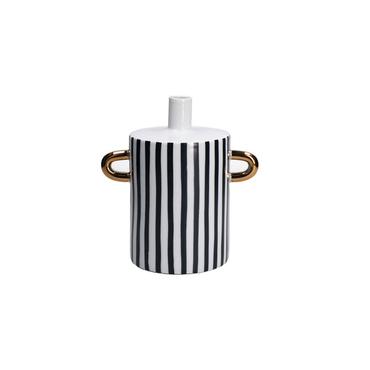Vaso cilindrico in porcellana a righe verticali bianche e nere con due manici dorati, collezione Guardacheeblu di Rituali Domestici, altezza 20,5 cm.