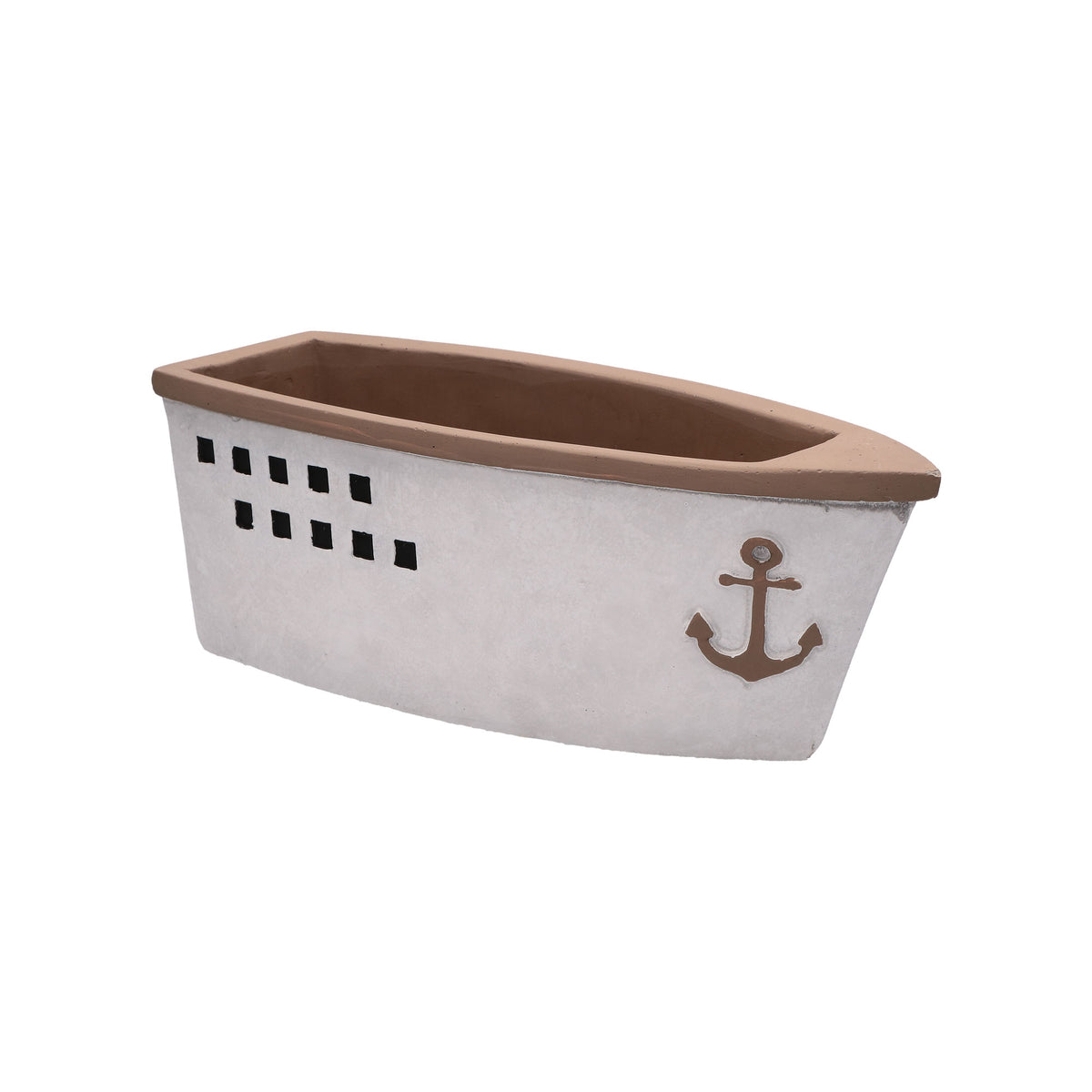Cachepot a forma di barca in resina cementizia decorata. Dimensioni: cm 30 x 12.5 x 11 h. In negozio e online su tuttochic.live