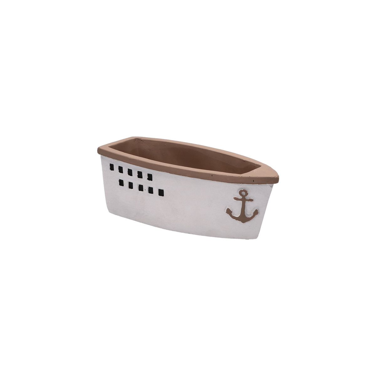 Cachepot a forma di barca in resina cementizia decorata. Dimensioni: cm20 x 8.5 x 7 h. In negozio e online su tuttochic.live