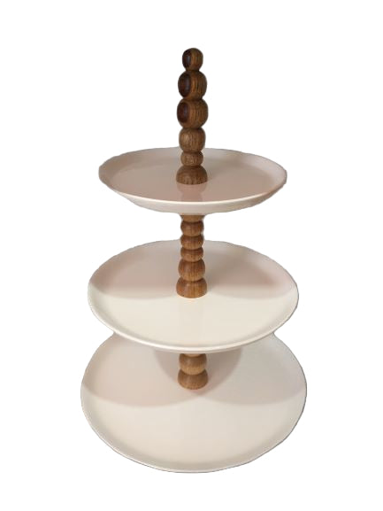 Alzata 3 piani in ceramica e legno. Dimensioni: altezza cm 48, diametro cm 30. Pratica e bella.