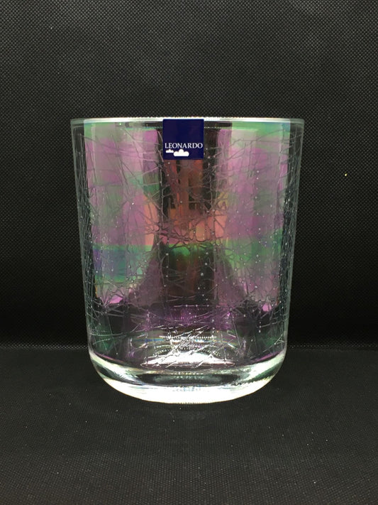 Vaso portacandela in vetro con decoro iridescente. Dimensioni: ø cm 11,5 x 13,5 h , spessore vetro cm 1. In negozio e online su tuttochic.live