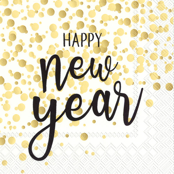 Confezione di 20 tovaglioli di carta a 3 veli decorati con scritta Appy new year. Dimensioni: cm 33 x 33. Made in Germany. In negozio e online su tuttochic.live