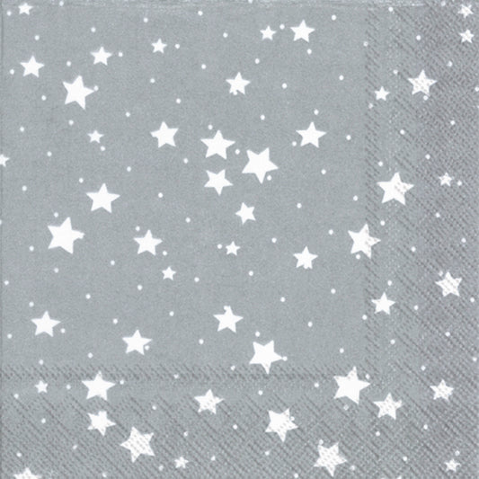 Confezione di 20 tovaglioli di carta a 3 veli decorati con tema Stelle di Natale fondo color argento . Dimensioni: cm 33 x 33. Made in Germany. In negozio e online su tuttochic.live