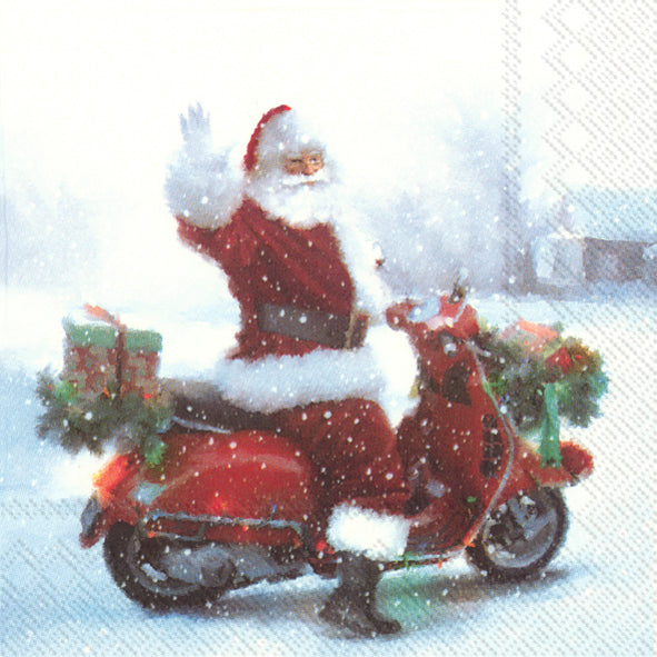 Confezione di 20 tovaglioli di carta a 3 veli decorati Babbo Natale con scooter. Dimensioni: cm 33 x 33. Made in Germany. In negozio e online su tuttochic.live
