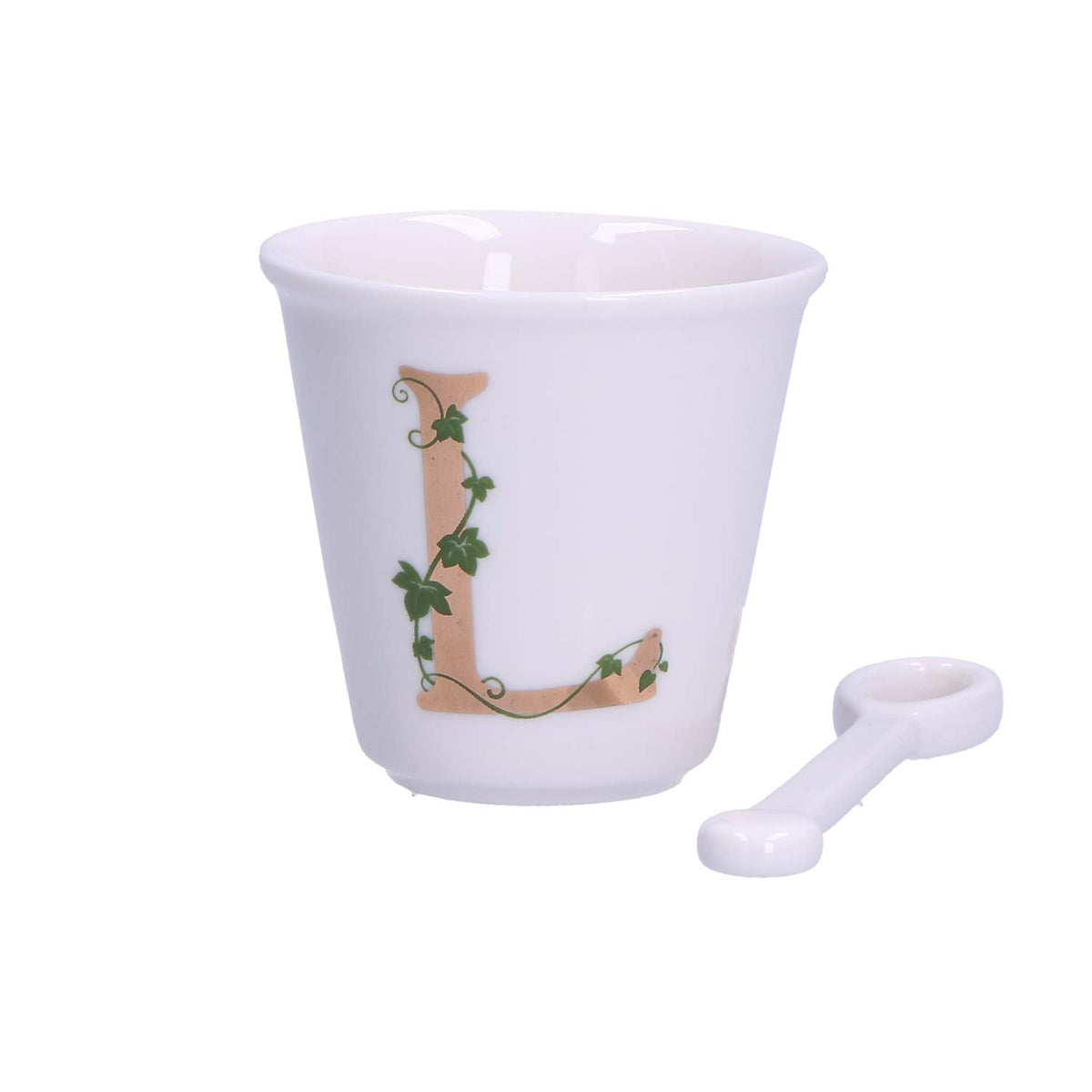 "Unico" Bicchierino in porcellana con iniziale decorata e cucchiaino. Capacità 75 cc Dimensioni: diametro cm 6,7- altezza cm 6 Lavare a mano 