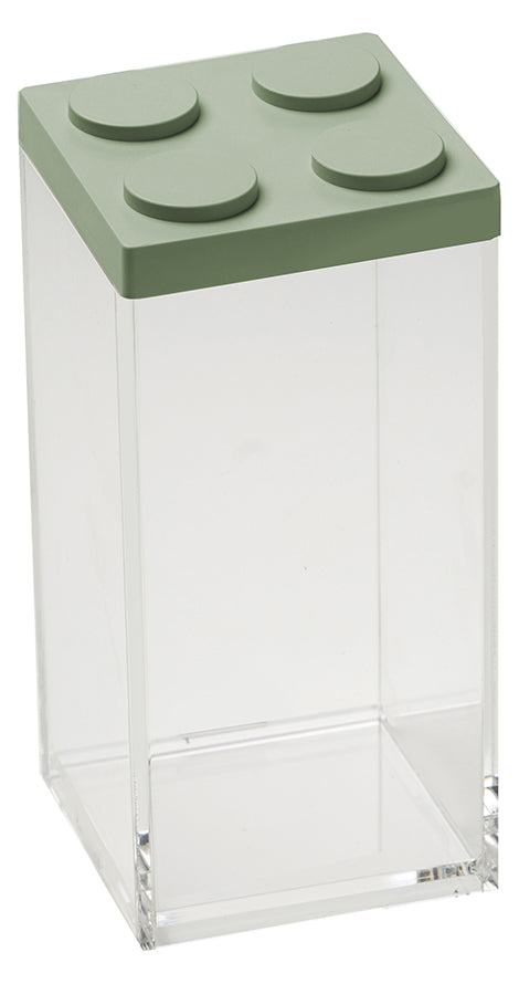 Barattolo contenitore ermetico in acrilico trasparente con coperchio in stile Lego, assemblabili e modulabili. Utilizzabili non solo in cucina, lavabili in lavastoviglie, idonei al contatto alimentare. Dimensione: cm.10 x 10 x h 20,5. Capacità: lt.1,5 Colore: verde salvia Made in Italy