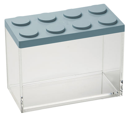 Barattolo contenitore ermetico in acrilico trasparente con coperchio in stile Lego, assemblabili e modulabili. Utilizzabili non solo in cucina, lavabili in lavastoviglie, idonei al contatto alimentare. Dimensione: cm.10 x 20 x h 15,5  Capacità: lt. 2 Colore: azzurro polvere Made in Italy