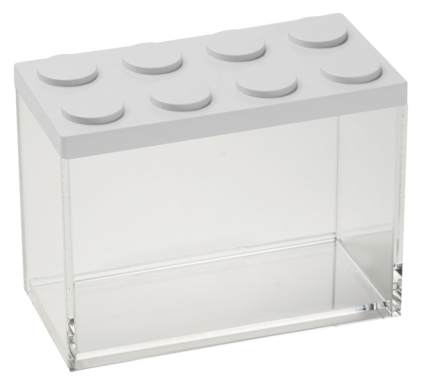 Barattolo contenitore ermetico in acrilico trasparente con coperchio in stile Lego, assemblabili e modulabili. Utilizzabili non solo in cucina, lavabili in lavastoviglie, idonei al contatto alimentare. Dimensione: cm.10 x 20 x h 15,5  Capacità: lt. 2 Colore: bianco Made in Italy