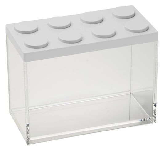 Barattolo contenitore ermetico in acrilico trasparente con coperchio in stile Lego, assemblabili e modulabili. Utilizzabili non solo in cucina, lavabili in lavastoviglie, idonei al contatto alimentare. Dimensione: cm.10 x 20 x h 15,5  Capacità: lt. 2 Colore: bianco Made in Italy