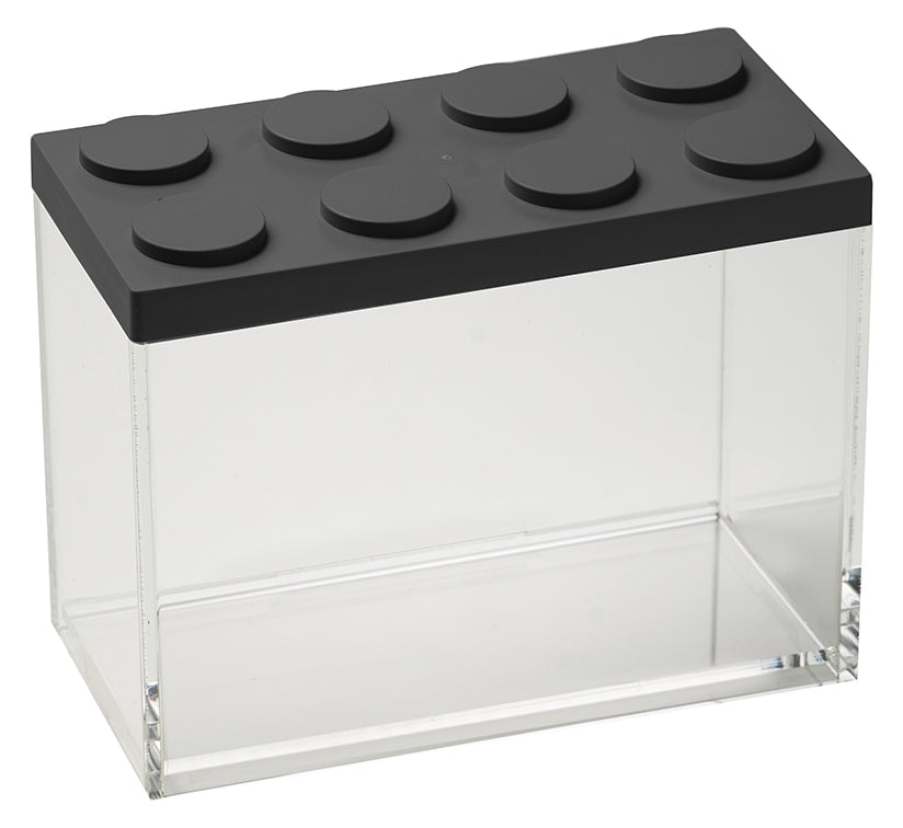 Barattolo contenitore ermetico in acrilico trasparente con coperchio in stile Lego, assemblabili e modulabili. Utilizzabili non solo in cucina, lavabili in lavastoviglie, idonei al contatto alimentare. Dimensione: cm.10 x 20 x h 15,5  Capacità: lt. 2 Colore: nero Made in Italy