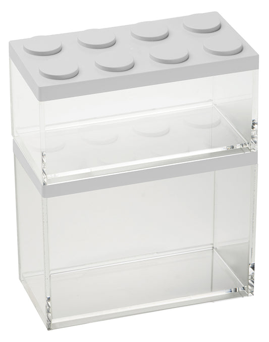 Barattolo contenitore ermetico in acrilico trasparente con coperchio in stile Lego, assemblabili e modulabili. Utilizzabili non solo in cucina, lavabili in lavastoviglie, idonei al contatto alimentare. Dimensione: cm.10 x 20 x h 15,5  Capacità: lt. 2 Colore: bianco Made in Italy