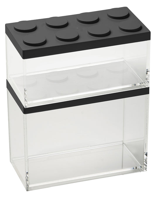 Barattolo contenitore ermetico in acrilico trasparente con coperchio in stile Lego, assemblabili e modulabili. Utilizzabili non solo in cucina, lavabili in lavastoviglie, idonei al contatto alimentare. Dimensione: cm.10 x 20 x h 15,5  Capacità: lt. 2 Colore: nero Made in Italy