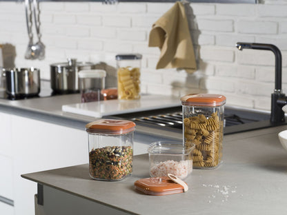 Set di 3 barattoli ermetici quadrati in plastica trasparente per alimenti con coperchio di colore terra di siena. Tre diverse capacità per conservare alimenti secchi e godere di una dispensa sempre in ordine e colorata. Lavabile in lavastoviglie max 55° Made in Italy. In negozio e online su tuttochic.live