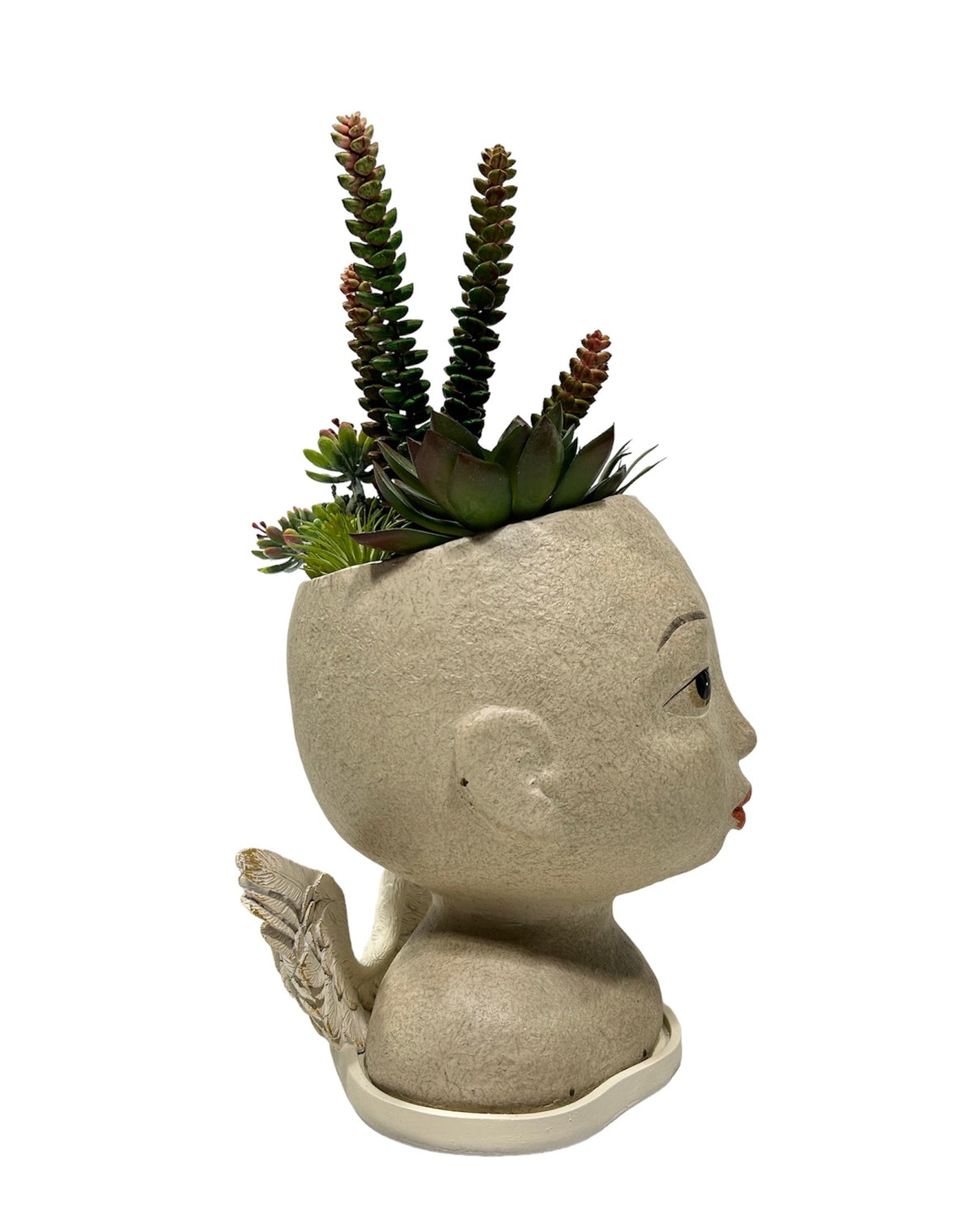 Cachepot in resina decorata composta da due pezzi separati: base con ali e testa con composizione di piante grasse artificiali. Dimensioni: cm 20 x 21 x h 39. In negozio e online su tuttochic.live