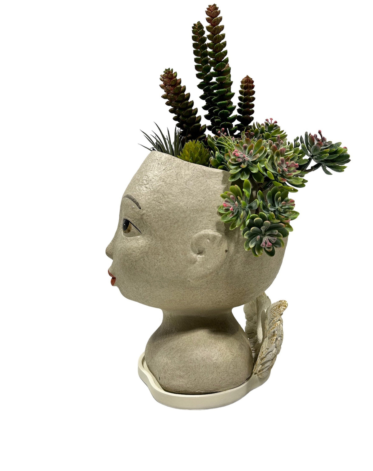 Cachepot in resina decorata composta da due pezzi separati: base con ali e testa con composizione di piante grasse artificiali. Dimensioni: cm 20 x 21 x h 39. In negozio e online su tuttochic.live