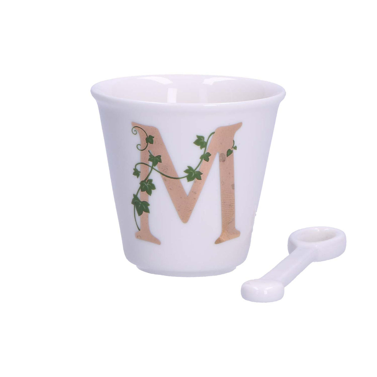 "Unico" Bicchierino in porcellana con iniziale decorata e cucchiaino. Capacità 75 cc Dimensioni: diametro cm 6,7- altezza cm 6 Lavare a mano 