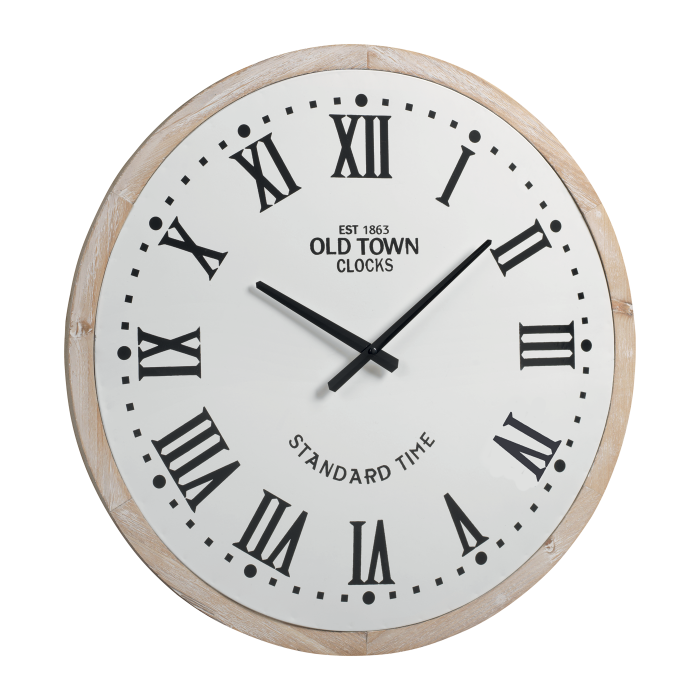 Orologio da parete in legno mdf e metallo in stile Vintage. Dimensioni: diametro cm 60. Quadrante bianco e numeri romani neri. In negozio e online su tuttochic.live