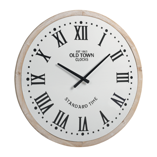 Orologio da parete in legno mdf e metallo in stile Vintage. Dimensioni: diametro cm 60. Quadrante bianco e numeri romani neri. In negozio e online su tuttochic.live