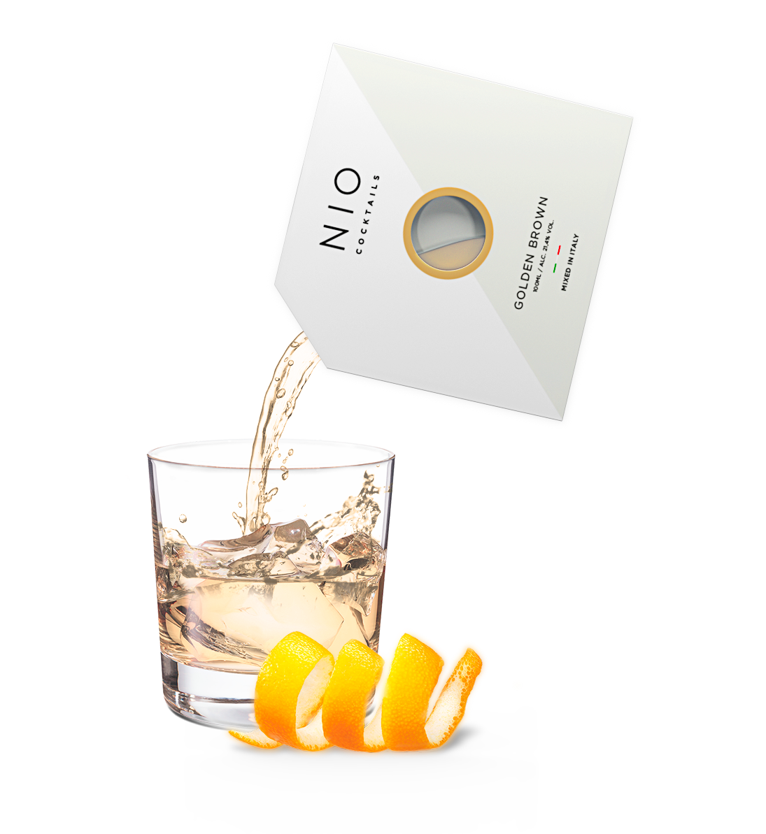 Cocktail Golden Brown Una bevanda da sera elegante e aromatica ricca di bourbon Bulleit, caffè e vaniglia. I cocktail NIO sono creati su ricetta di Patrick Pistolesi, miscelati artigianalmente in Italia con i migliori spirit e confezionati in packaging di design 100% riciclabile. In negozio e online su tuttochic.live