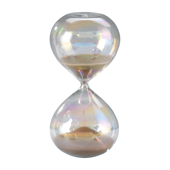 Clessidra in vetro perlato con durata 15 minuti. Dimensioni: cm Ø 7,5 x 15 h. In negozio e online su tuttochic.live