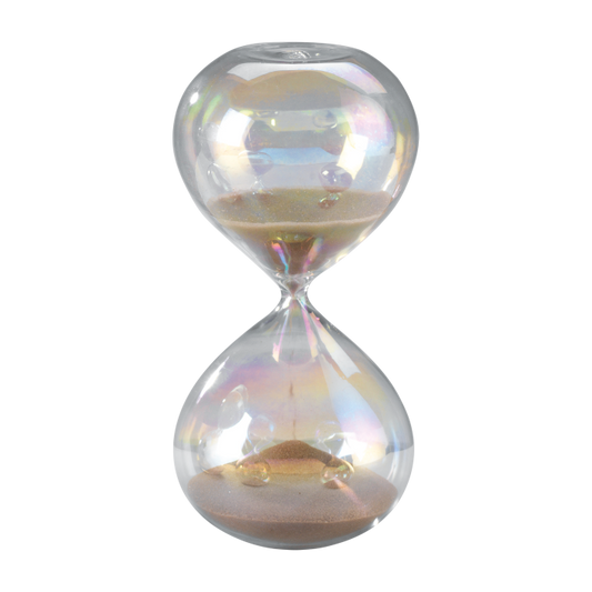 Clessidra in vetro perlato con durata 15 minuti. Dimensioni: cm Ø 7,5 x 15 h. In negozio e online su tuttochic.live