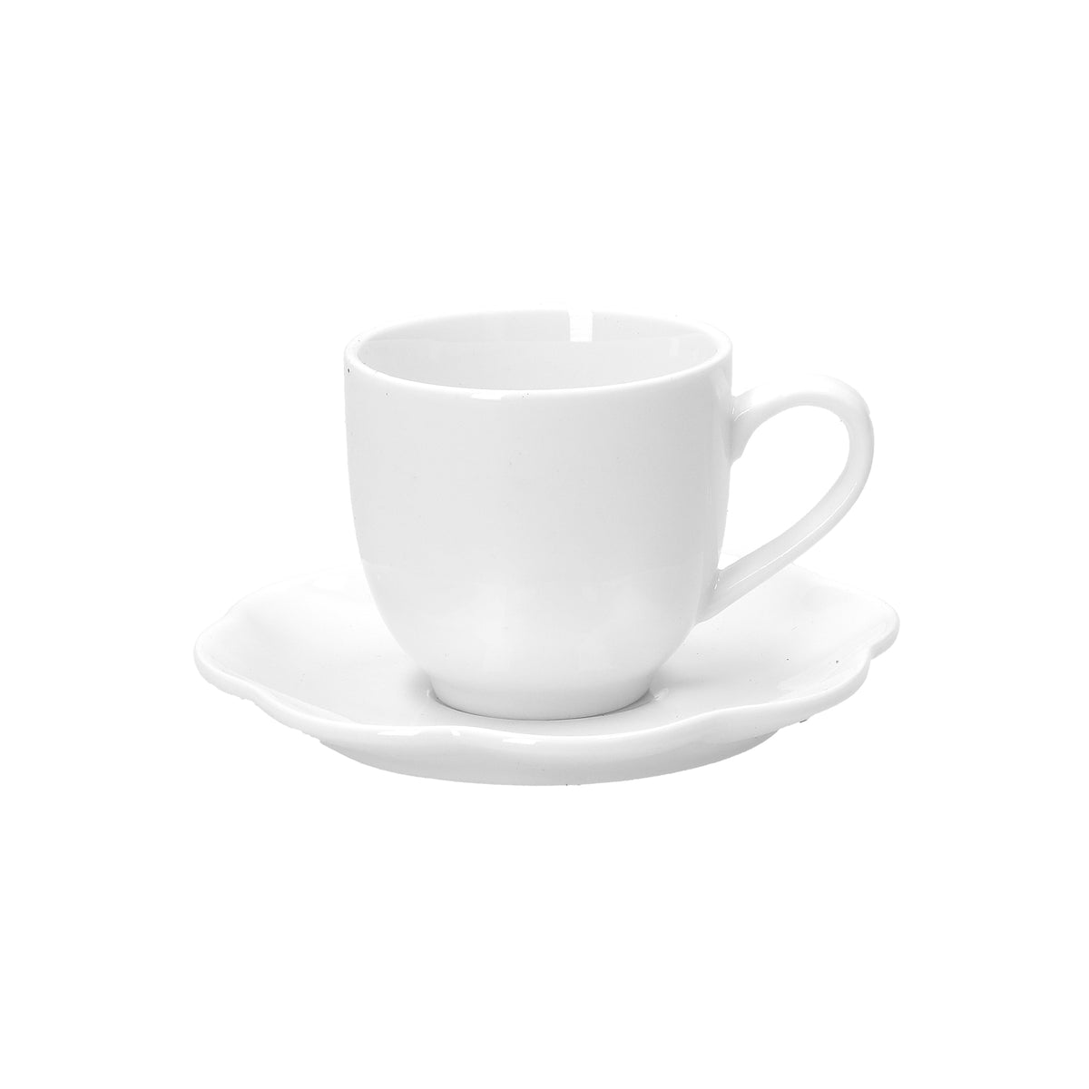 Set di 6 tazzine caffè con piattino in porcellana bianca. Dimensioni: 90 cc; Ø 5,5; h5,5 cm