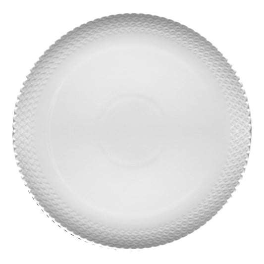 Piatto in porcellana bianca. Dimensioni: Ø 34; h2,5 cm Bordi smerlati su piatti, vassoi, piattini, bowl della linea Momenti, per dare un tocco di eleganza ad ogni apparecchiatura. Utilizzabile in forno tradizionale Utilizzabile in forno a microonde Lavabile in lavastoviglie. In negozio e online su tuttochic.live