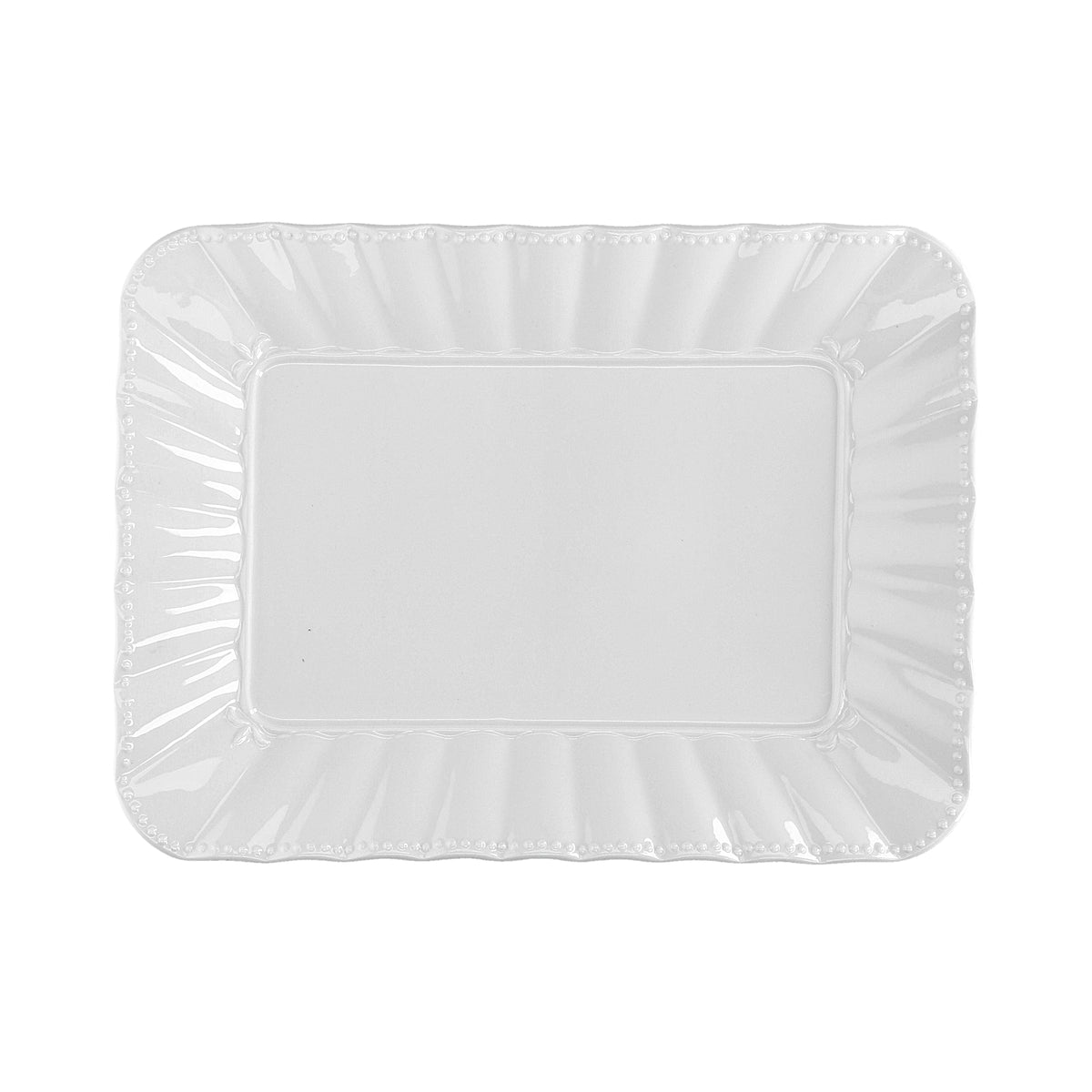 Vassoio rettangolare da portata in porcellana bianca lavorata cm. 35 x 26.Utilizzabile in forno tradizionale, microonde e lavastoviglie. Lavabile in lavastoviglie. Utilizzabile in microonde. In negozio e online su tuttochic.live