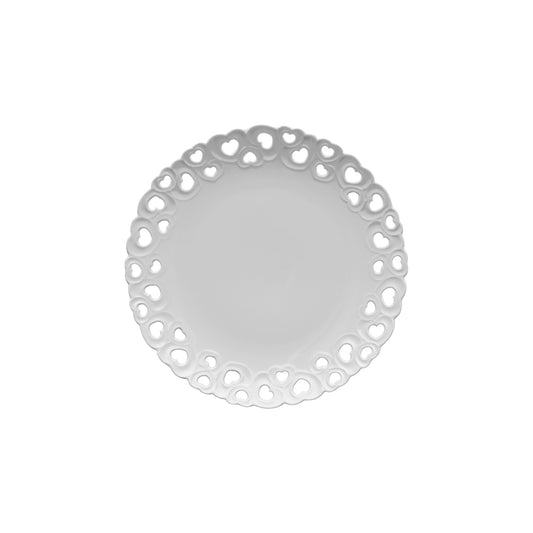 Piatto dolce traforato in porcellana bianca. Dimensioni: h 2 cm, Ø 20 Lavabile in lavastoviglie Utilizzabile in microonde Utilizzabile in forno tradizionale. In negozio e online su tuttochic.live