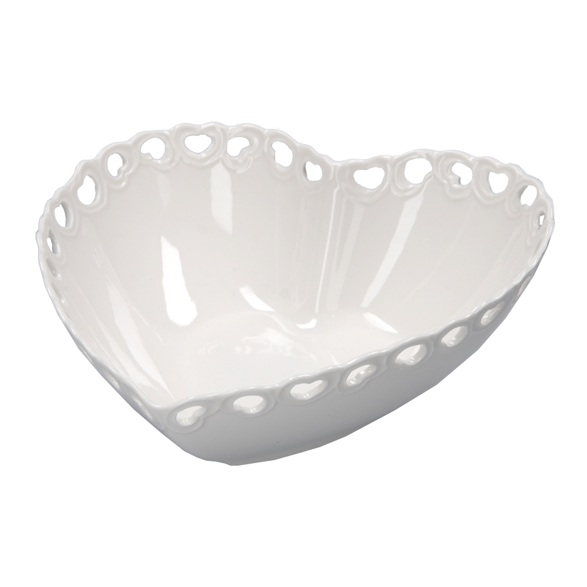 Ciotola in porcellana bianca traforata a forma di cuore. Dimensioni: 21 x 20 x h 7 cm Lavabile in lavastoviglie Utilizzabile in microonde Utilizzabile in forno tradizionale. In negozio e online su tuttochic.live