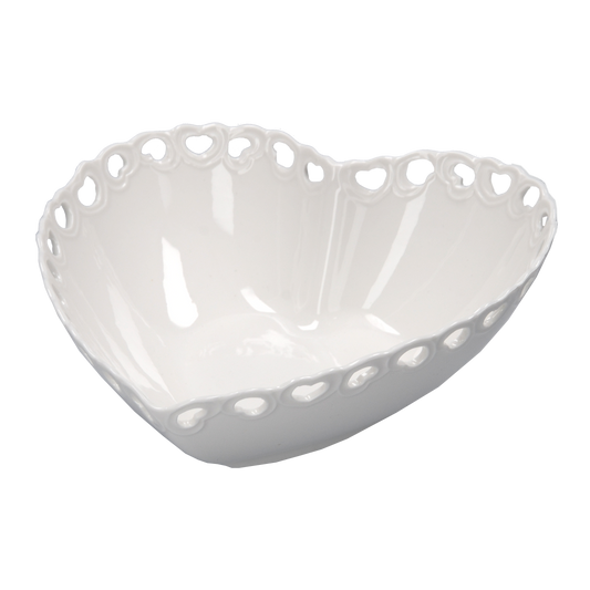 Ciotola in porcellana bianca traforata a forma di cuore. Dimensioni: 21 x 20 x h 7 cm Lavabile in lavastoviglie Utilizzabile in microonde Utilizzabile in forno tradizionale. In negozio e online su tuttochic.live